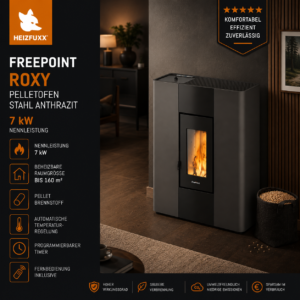 Freepoint Roxy extra flacher Pelletofen 7 kW – Anthrazit, Automatik und Fernbedienung