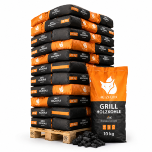 Heizfuxx Grillbriketts Hartholz – 600-kg-Palette, 60 Säcke à 10 kg, Gastro-Qualität, Körnung 30–50 mm