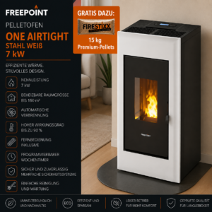 Freepoint One Airtight Pelletofen 7 kW – Stahl Weiß, raumluftunabhängig mit Fernbedienung