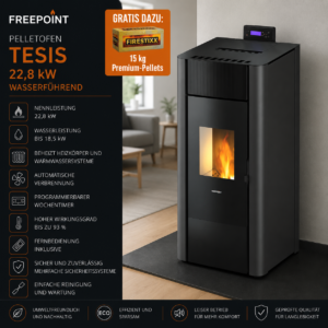 Freepoint Tesis Pelletofen 22,8 kW – Stahl Anthrazit, wasserführend mit Gussbrennraum