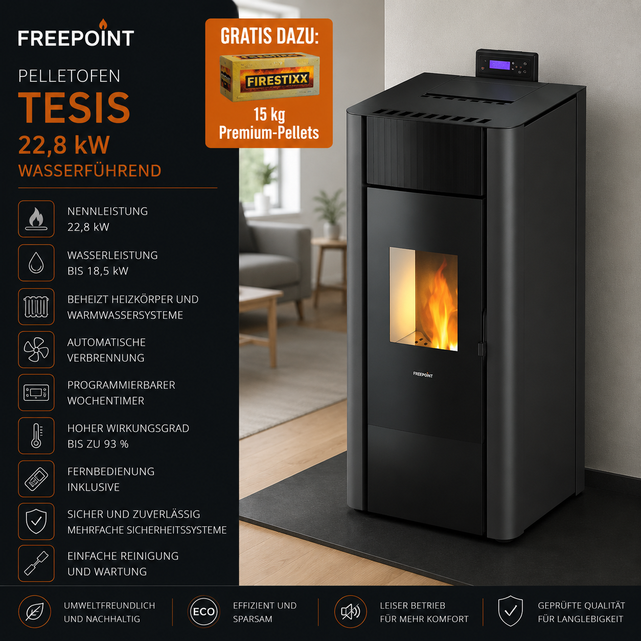 Freepoint Tesis Pelletofen 22,8 kW – Stahl Anthrazit, wasserführend mit Gussbrennraum – Bild 5