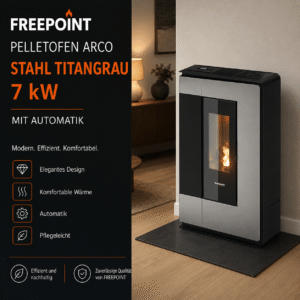 Freepoint Arco Pelletofen 7 kW – Stahl Titangrau, extra flach mit Automatik