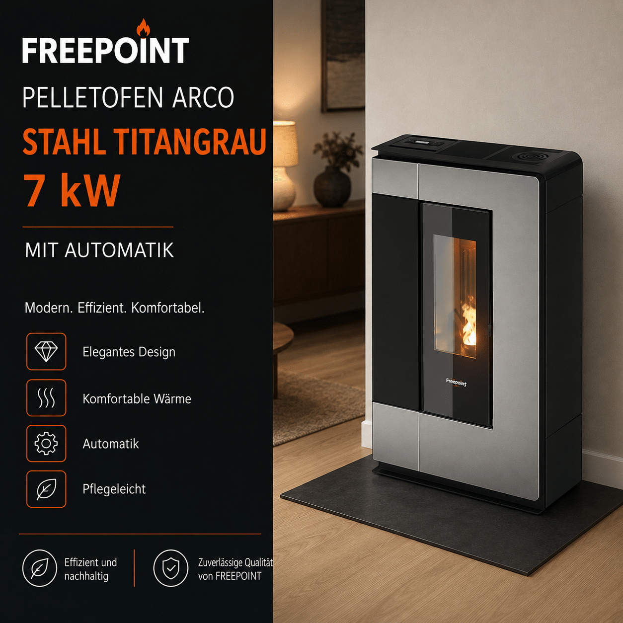 Freepoint Arco Pelletofen 7 kW – Stahl Titangrau, extra flach mit Automatik – Bild 5