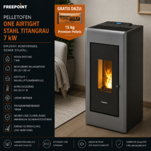 Freepoint One Airtight Pelletofen 7 kW – Stahl Titangrau, raumluftunabhängig mit Fernbedienung