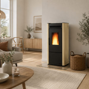 Firefix Ketty Pelletofen 6,3 kW – Schwarz-Beige, Zeitbrand mit Scheibenspülung