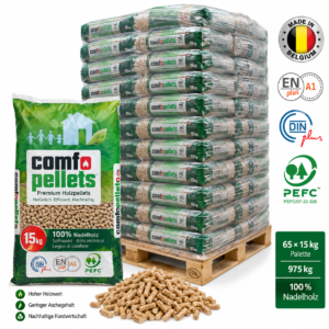 Comfo Holzpellets Palette mit 65 Säcken à 15 kg (975 kg) – 100 % Nadelholz, ENplus A1, DINplus und PEFC