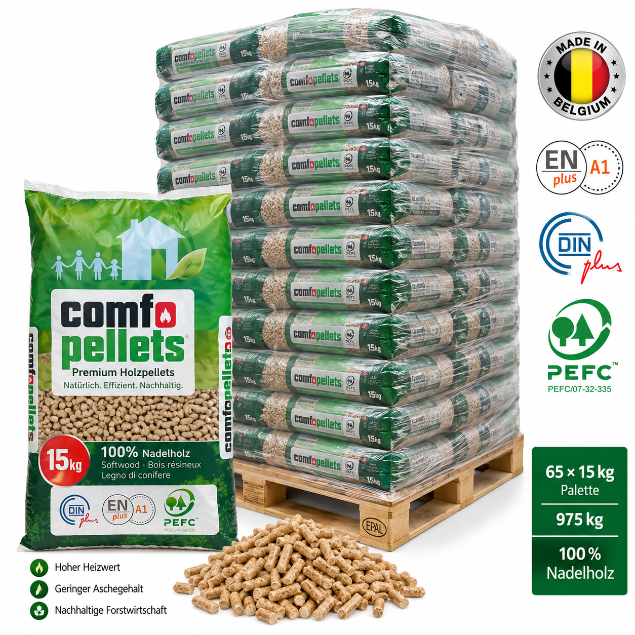 Comfo Holzpellets Palette mit 65 Säcken à 15 kg (975 kg) – 100 % Nadelholz, ENplus A1, DINplus und PEFC – Bild 4