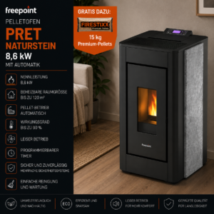 Freepoint Pret Pelletofen 8,6 kW – Naturstein mit Automatik, raumluftunabhängig