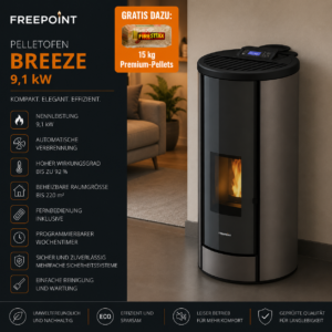 Freepoint Breeze Pelletofen 9,1 kW – Stahl Titan mit WLAN-Steuerung und Automatik