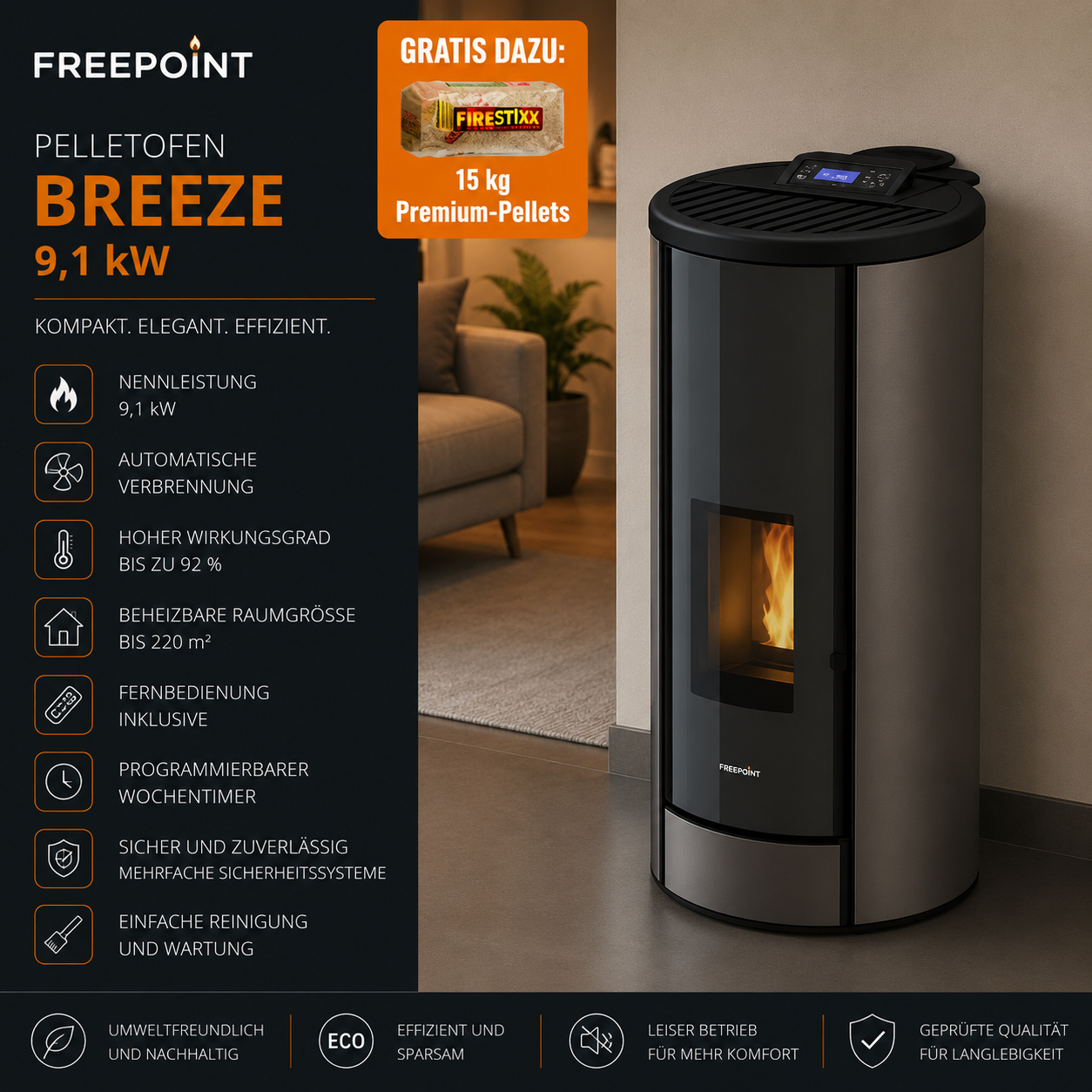 Freepoint Breeze Pelletofen 9,1 kW – Stahl Titan mit WLAN-Steuerung und Automatik – Bild 5