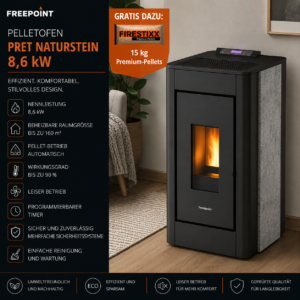 Freepoint Pret Pelletofen 8,6 kW – Naturstein mit Automatik, raumluftunabhängig