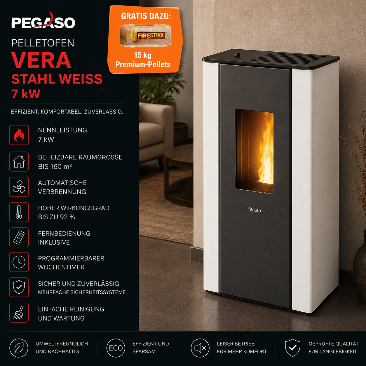 PEGASO Vera Pelletofen 7 kW – Stahl Weiß mit Gussbrennraum und Automatik – Bild 7