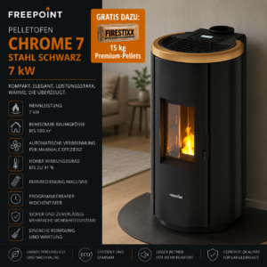 Freepoint Chrome 7 Pelletofen 7 kW – Stahl Schwarz, raumluftunabhängig mit WLAN