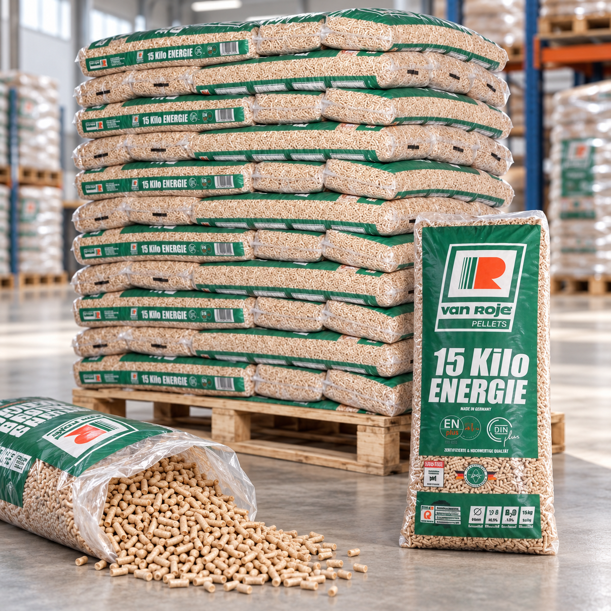Van Roje Holzpellets Palette mit 65 Säcken à 15 kg (975 kg) – 100 % Nadelholz, ENplus A1, DINplus und PEFC – Bild 3