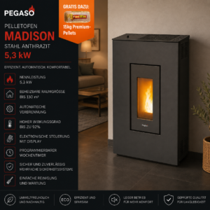 PEGASO Madison Pelletofen 5,3 kW – Stahl Anthrazit mit Automatik und Fernbedienung