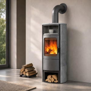 Hark Opera-B Dauerbrand-Kaminofen 7 kW – cremefarbene Ofenkacheln, Automatik und Warmhaltefach