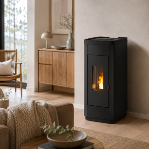Firefix Ketty Pelletofen 6,3 kW – Schwarz, klassischer Zeitbrandofen mit Guss-Brennraum