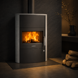 Justus Agero W+ Kaminofen 7 kW – grauer Speckstein mit XXL-Panoramascheibe und Speicherstein