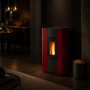 Freepoint Atri Pelletofen 4,9 kW – Bordeaux, extra flach und raumluftunabhängig mit Automatik