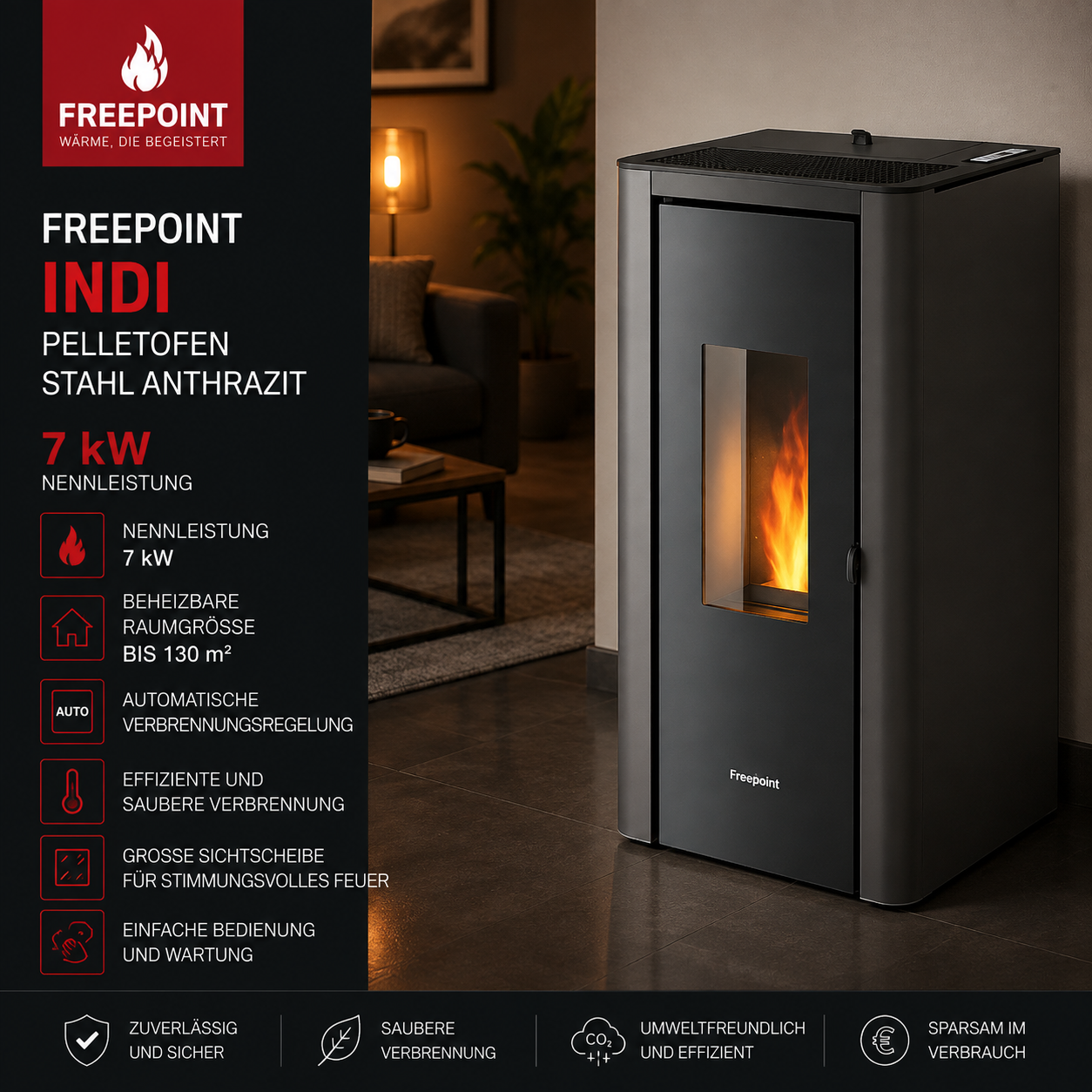 Freepoint Indi Pelletofen 7 kW – Stahl Anthrazit, Dauerbrand mit Automatik – Bild 4