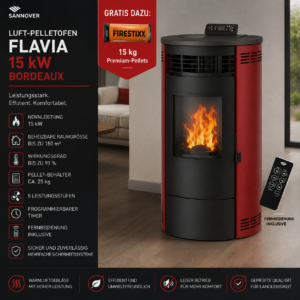 Sannover Flavia Luft-Pelletofen 12,6 kW – Bordeaux, rund mit Fernbedienung und Automatik