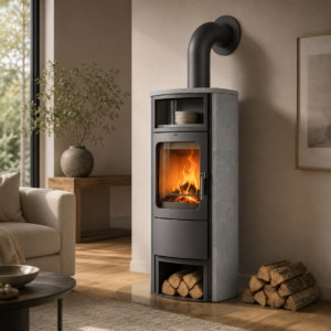 Hark Opera-B Dauerbrand-Kaminofen 7 kW – cremefarbene Ofenkacheln, Automatik und Warmhaltefach