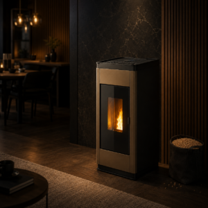 Freepoint Arco extra flacher Pelletofen 7 kW – Bronze, raumluftunabhängig mit Automatik