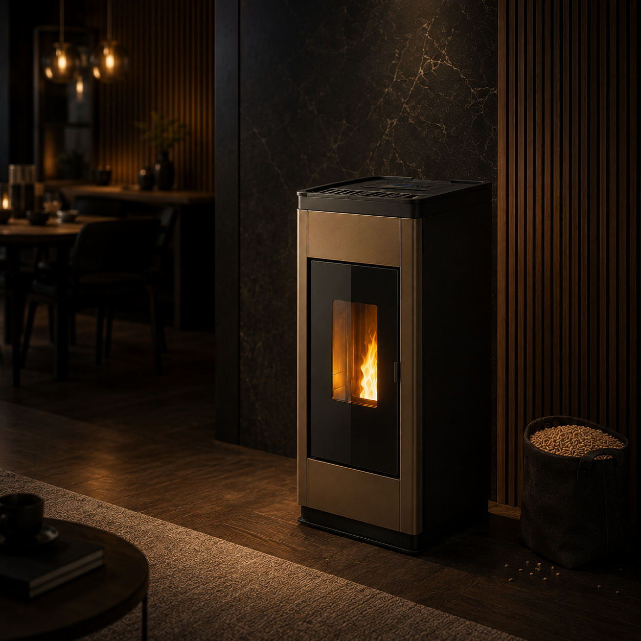Freepoint Arco extra flacher Pelletofen 7 kW – Bronze, raumluftunabhängig mit Automatik – Bild 3