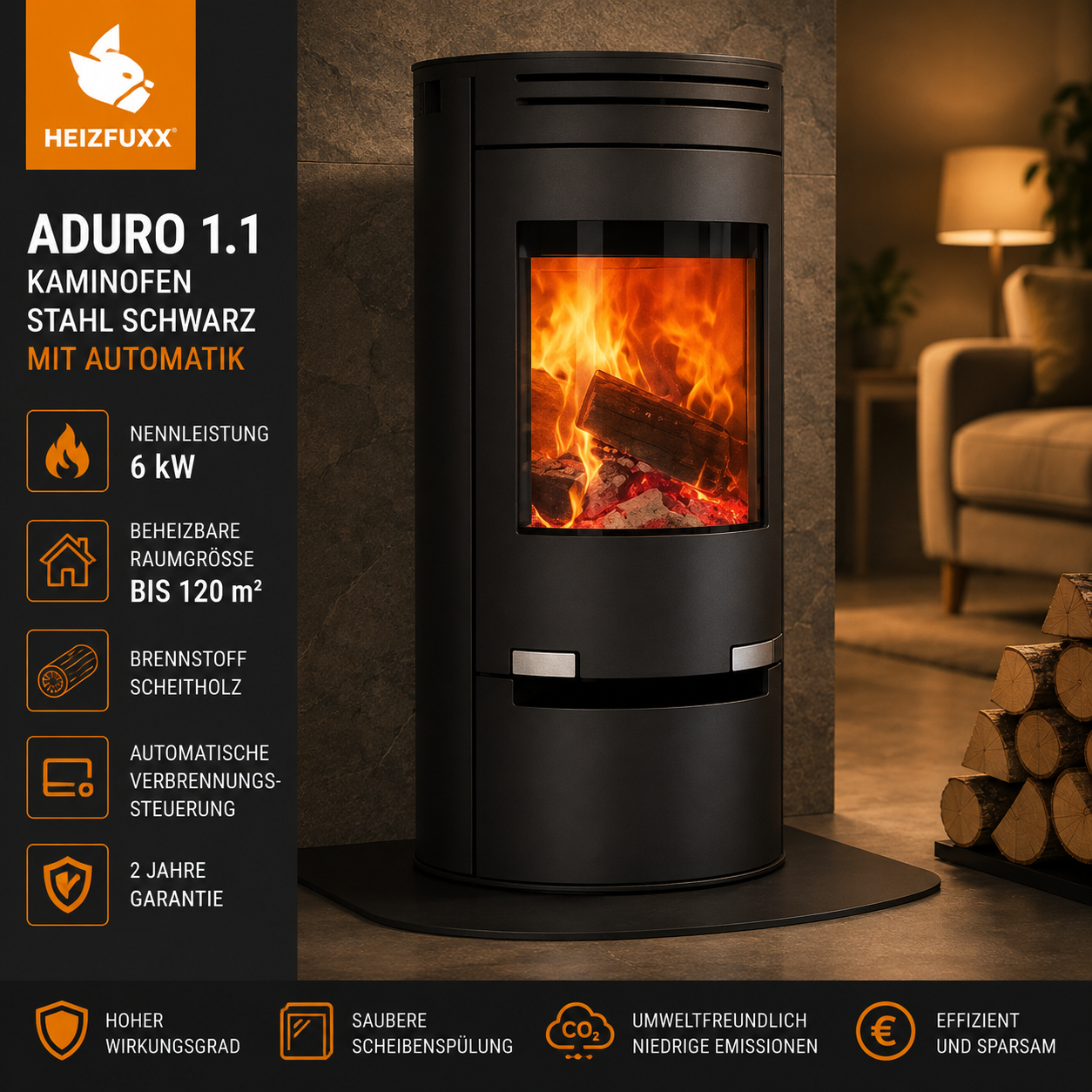 Aduro 1.1 Kaminofen 6 kW – Stahl Schwarz mit Automatik für Scheitholz und Braunkohle – Bild 5