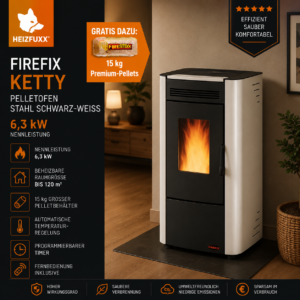 Firefix Ketty Pelletofen 6,3 kW – Schwarz-Weiß, klassisch mit Guss-Brennraum