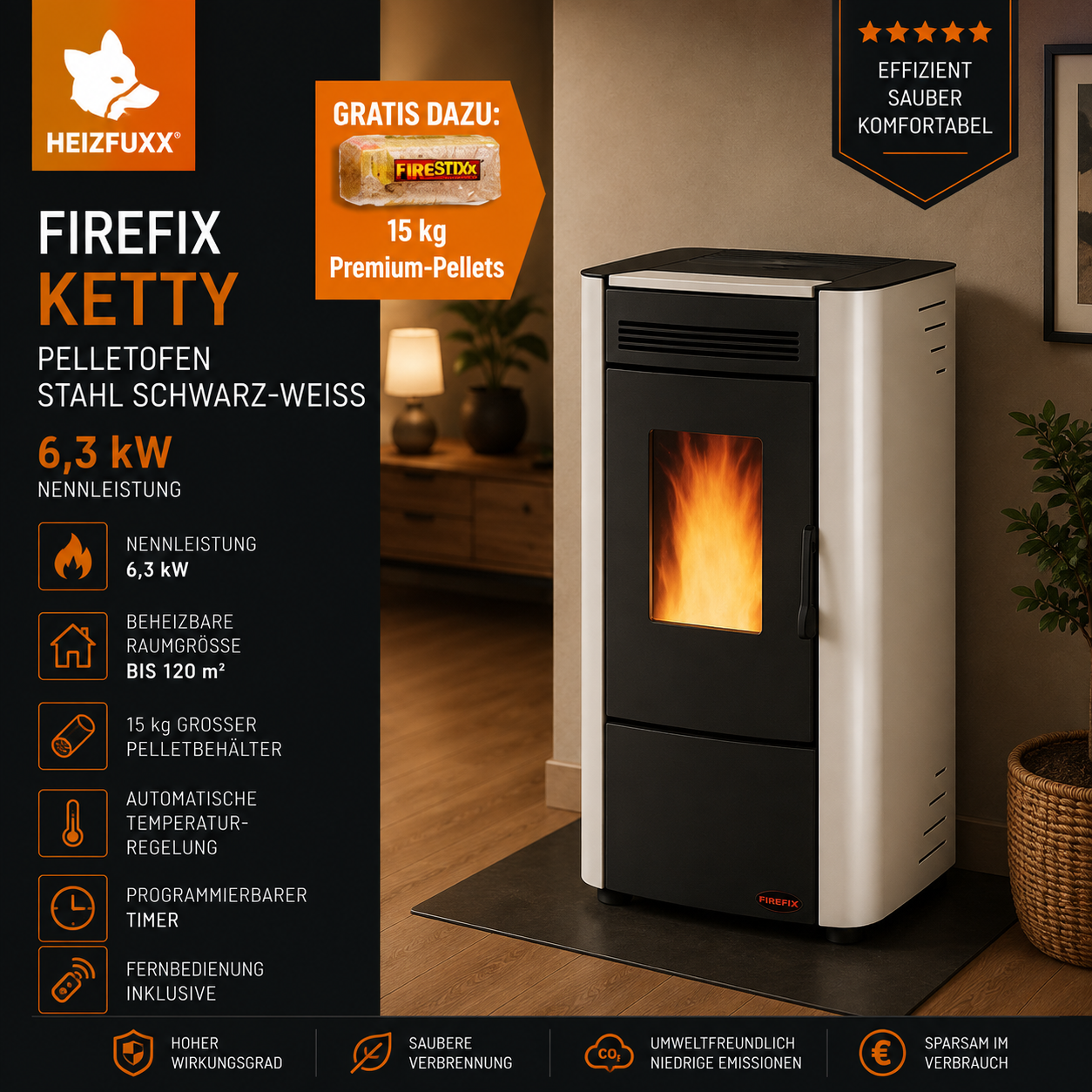 Firefix Ketty Pelletofen 6,3 kW – Schwarz-Weiß, klassisch mit Guss-Brennraum – Bild 5