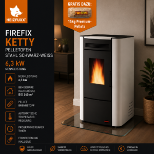 Firefix Ketty Pelletofen 6,3 kW – Schwarz-Weiß, klassisch mit Guss-Brennraum