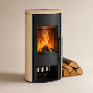 Accente Kaminofen 7 kW – Sandsteinverkleidung mit Spezialkeramik-Brennraum und gebogener Scheibe
