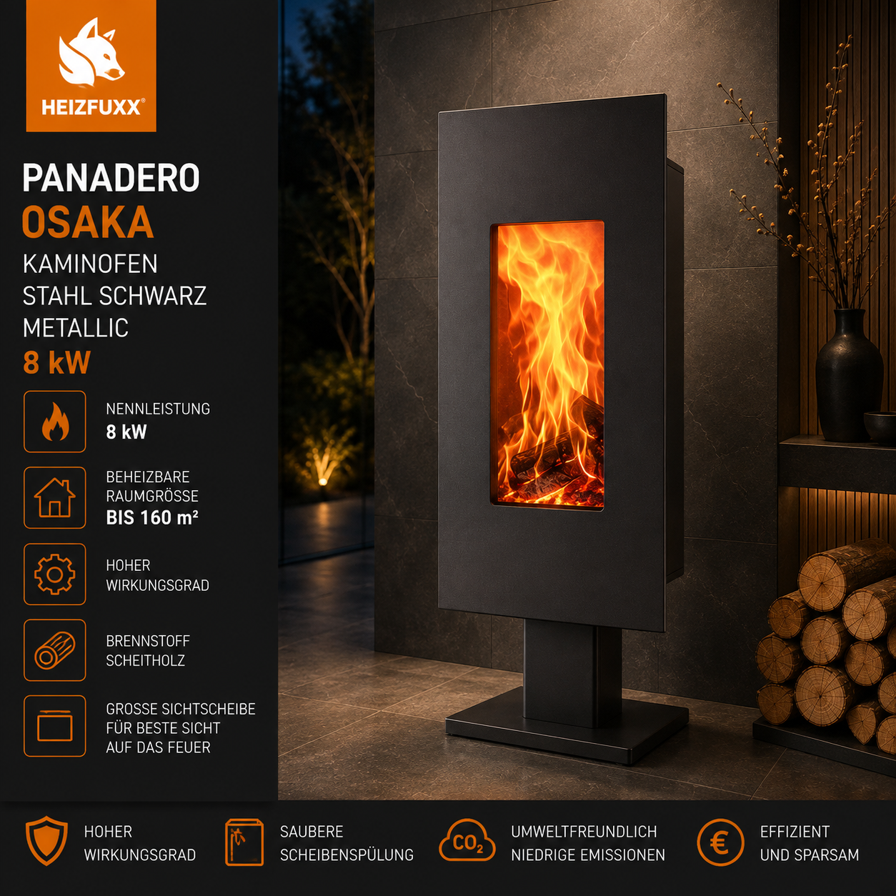 Panadero Osaka Kaminofen 8 kW – Stahl Schwarz Metallic, schlank und raumluftunabhängig – Bild 6