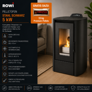 Rowi HPO 5/1 Puro Nova Pelletofen 5 kW – Stahl Schwarz, kompakt und raumluftunabhängig