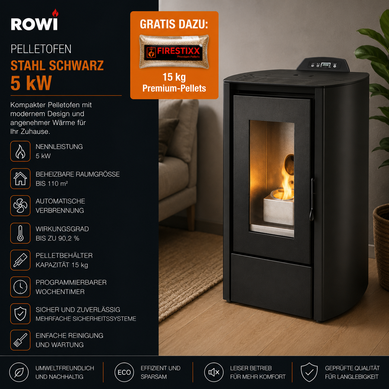 Rowi HPO 5/1 Puro Nova Pelletofen 5 kW – Stahl Schwarz, kompakt und raumluftunabhängig – Bild 5