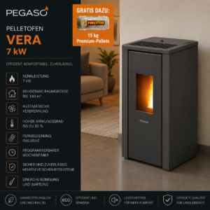 PEGASO Vera Pelletofen 7 kW – Stahl Anthrazit mit Gussbrennraum und Automatik