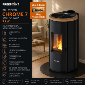Freepoint Chrome 7 Pelletofen 7 kW – Stahl Schwarz, raumluftunabhängig mit WLAN