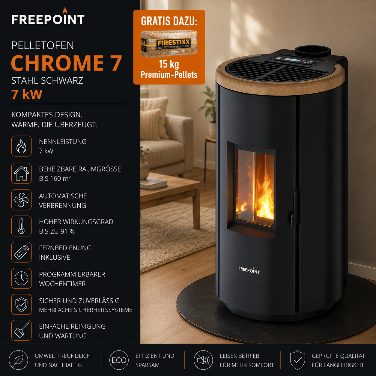 Freepoint Chrome 7 Pelletofen 7 kW – Stahl Schwarz, raumluftunabhängig mit WLAN – Bild 6