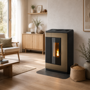 Freepoint Arco extra flacher Pelletofen 7 kW – Bronze, raumluftunabhängig mit Automatik