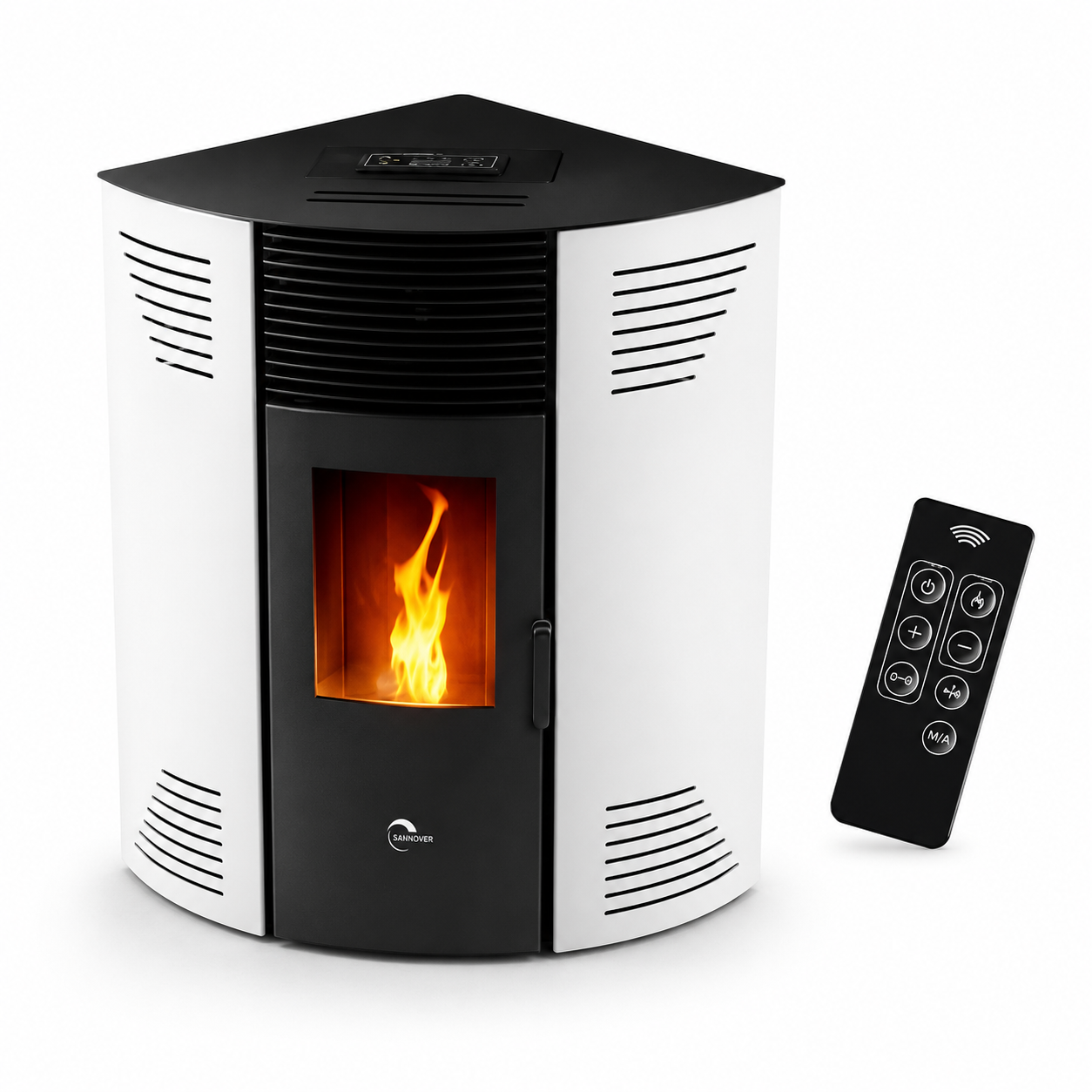 Sannover Iseos Eck-Pelletofen 10,6 kW – Weiß, 30-kg-Behälter mit Fernbedienung – Bild 6