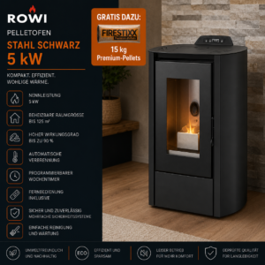 Rowi HPO 5/1 Puro Nova Pelletofen 5 kW – Stahl Schwarz, kompakt und raumluftunabhängig