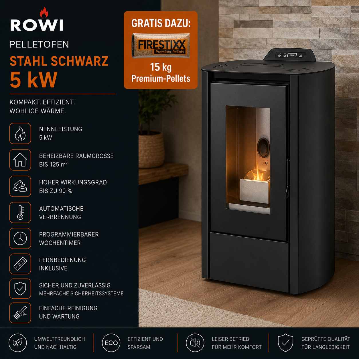 Rowi HPO 5/1 Puro Nova Pelletofen 5 kW – Stahl Schwarz, kompakt und raumluftunabhängig – Bild 6