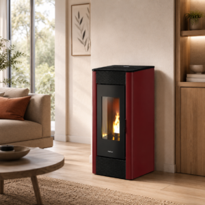 Firefix Ketty Pelletofen 6,3 kW – Schwarz-Bordeaux, Zeitbrand mit Guss-Brennraum