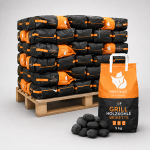 Heizfuxx Grillbriketts Hartholz in 5-kg-Säcken – 300-kg-Palette mit 60 Säcken, Gastro-Qualität