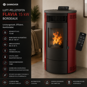 Sannover Flavia Luft-Pelletofen 12,6 kW – Bordeaux, rund mit Fernbedienung und Automatik