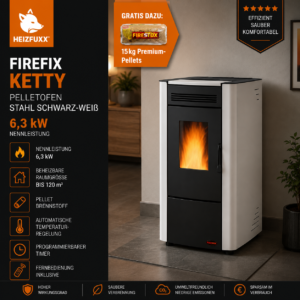 Firefix Ketty Pelletofen 6,3 kW – Schwarz-Weiß, klassisch mit Guss-Brennraum