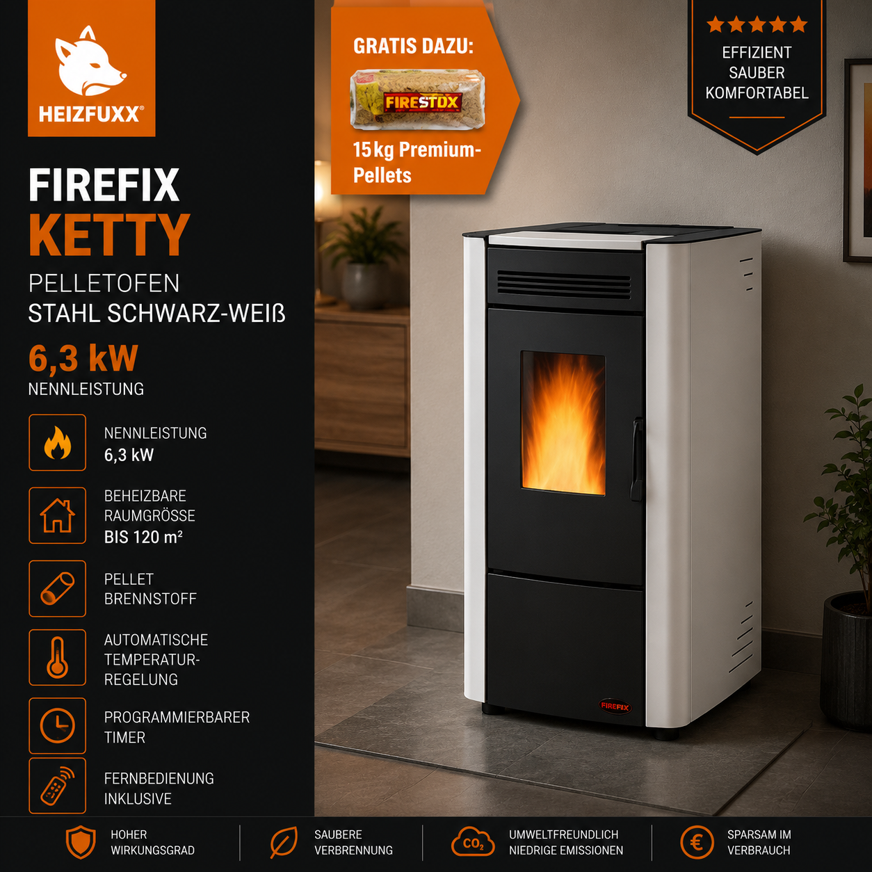 Firefix Ketty Pelletofen 6,3 kW – Schwarz-Weiß, klassisch mit Guss-Brennraum – Bild 7