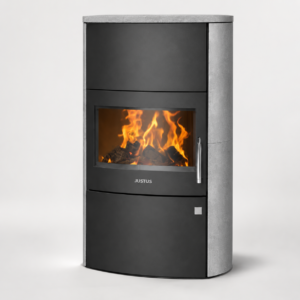 Justus Agero W+ Kaminofen 7 kW – Stahl Schwarz mit XXL-Panoramascheibe und Speicherstein