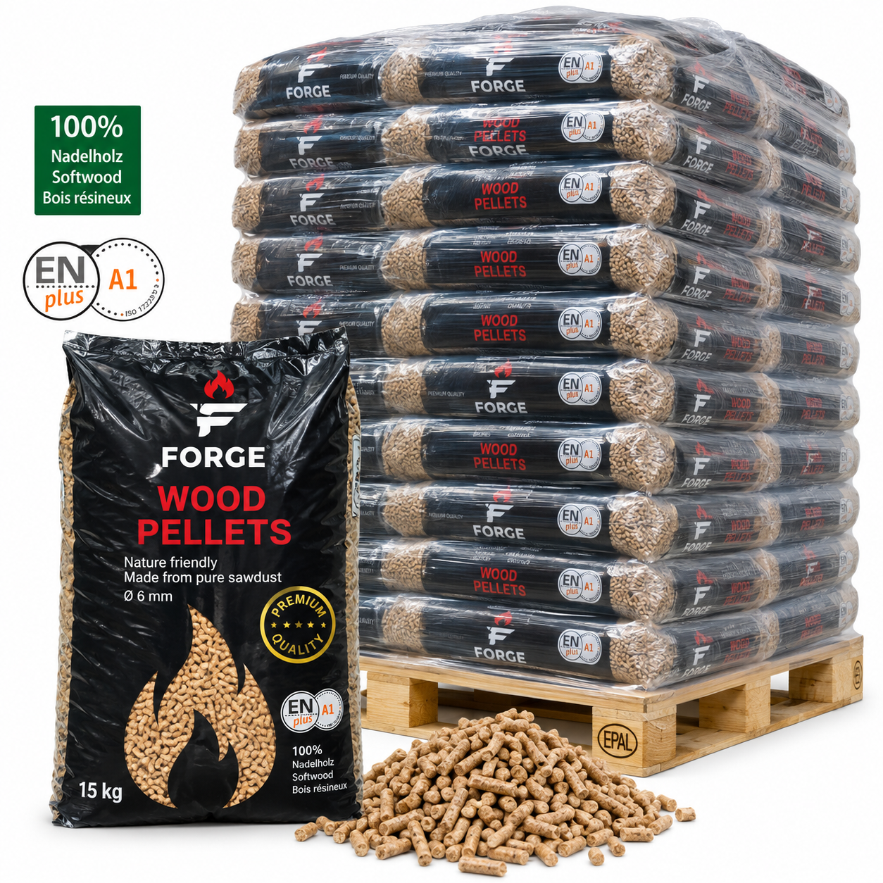 Forge Premium Holzpellets Palette mit 84 Säcken à 15 kg (1260 kg) – 100 % Nadelholz, ENplus A1 – Bild 4